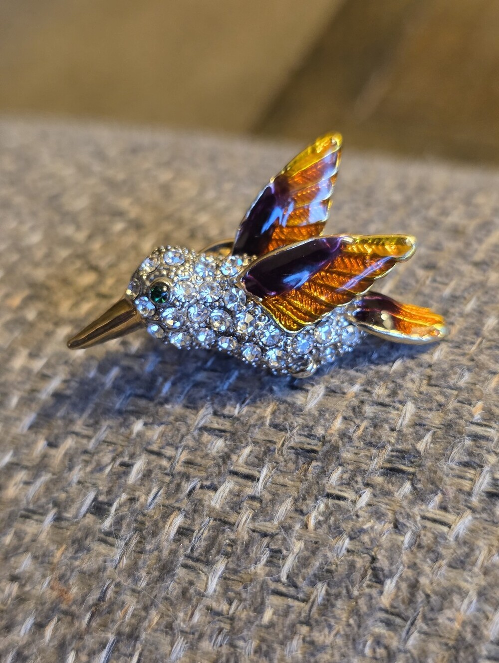 Lia Sophia Gold-Tone Hummingbird Brooch with Clear Crystals and Amber Enamel